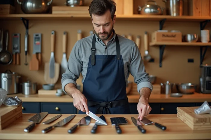 Homme comparant des couteaux de chef professionnels dans un magasin spécialisé en équipements de cuisine haut de gamme