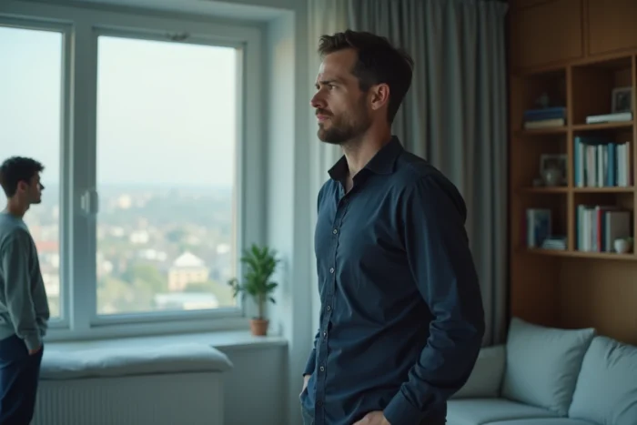 Homme au comportement imprévisible se détournant de son interlocuteur dans un appartement moderne, illustrant la distance émotionnelle