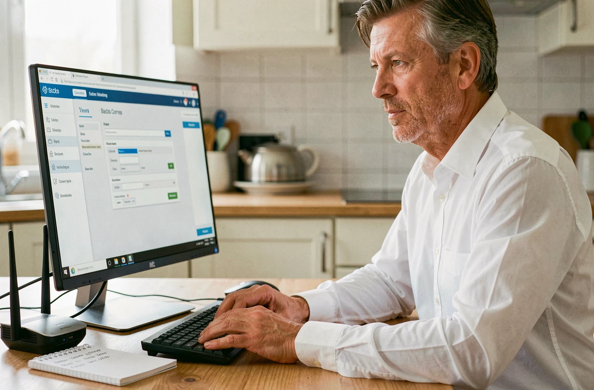 Homme configurant un tableau de bord d'administration de routeur sur ordinateur de bureau dans une cuisine moderne