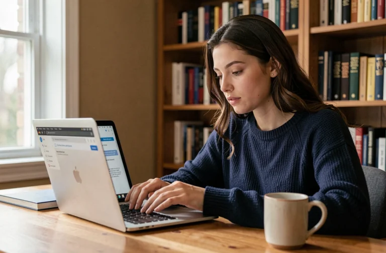Jeune femme configurant sa boite mail académique de Montpellier sur un ordinateur portable dans un bureau à domicile