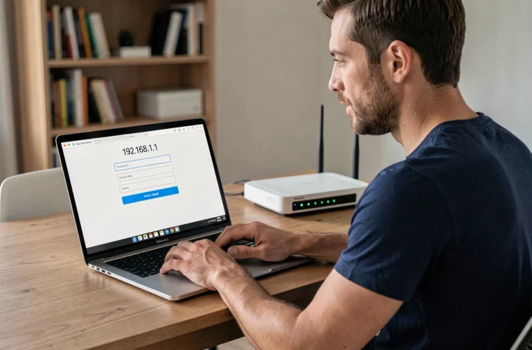 Homme configurant son routeur via l'interface 192.168.1.1 sur un ordinateur portable dans un bureau à domicile