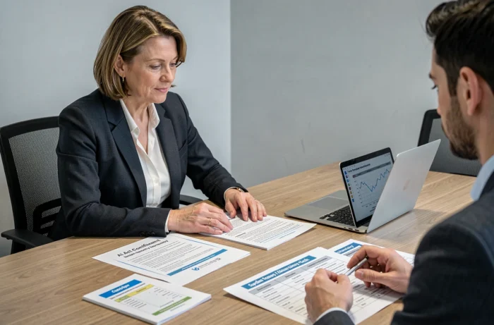 Une directrice des achats évaluant des documents de conformité IA de fournisseurs dès la phase de sélection pour anticiper la réglementation