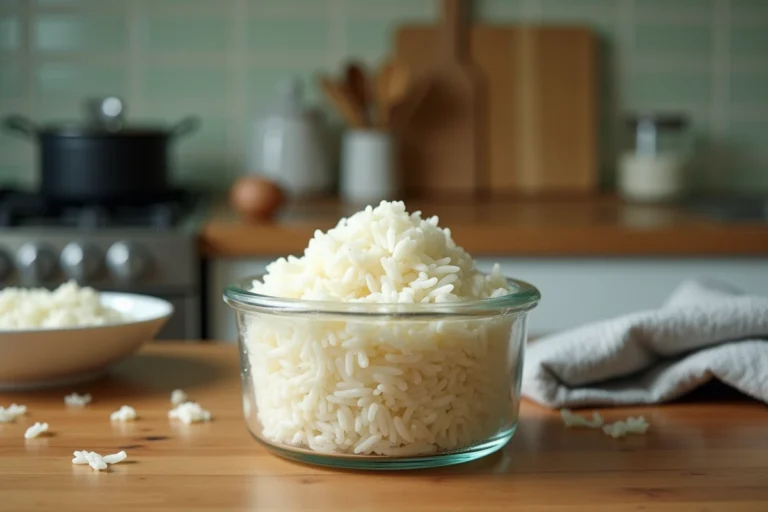 Riz cuit laissé à température ambiante dans un récipient en verre sur un plan de travail de cuisine, illustrant les risques de conservation incorrecte du riz cantonais
