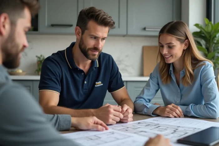 Consultant en déménagement conseillant un couple autour de plans d'aménagement lors d'une réunion à domicile