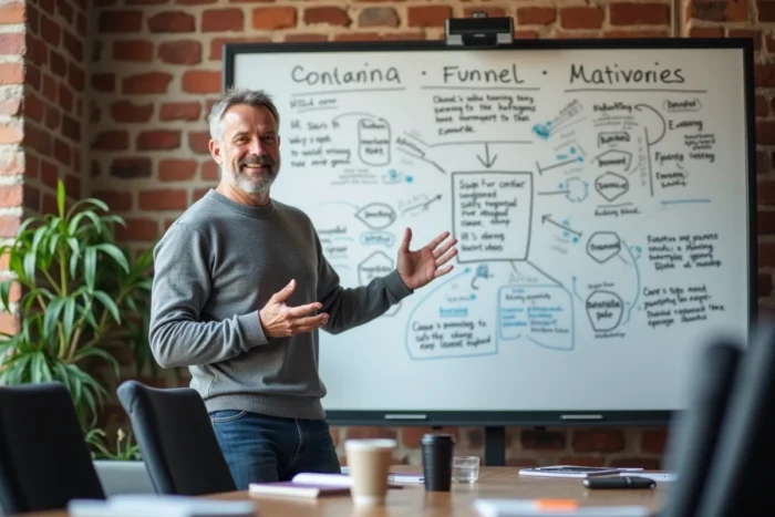 Consultant en marketing internet présentant une stratégie de contenu sur un tableau blanc en agence créative