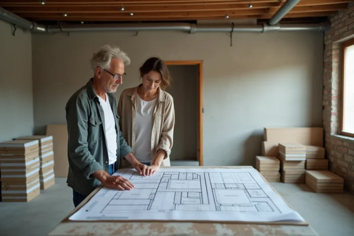 Propriétaire et artisan expert discutant des plans de rénovation intérieure dans une cuisine à Lyon