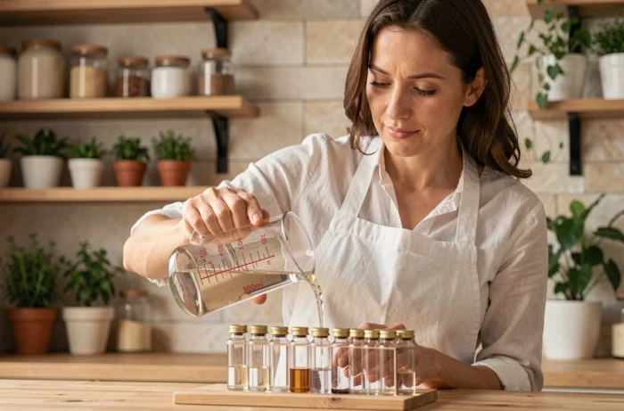 Femme mesurant 50 centilitres de liquide dans une tasse graduée en verre sur un plan de travail en bois