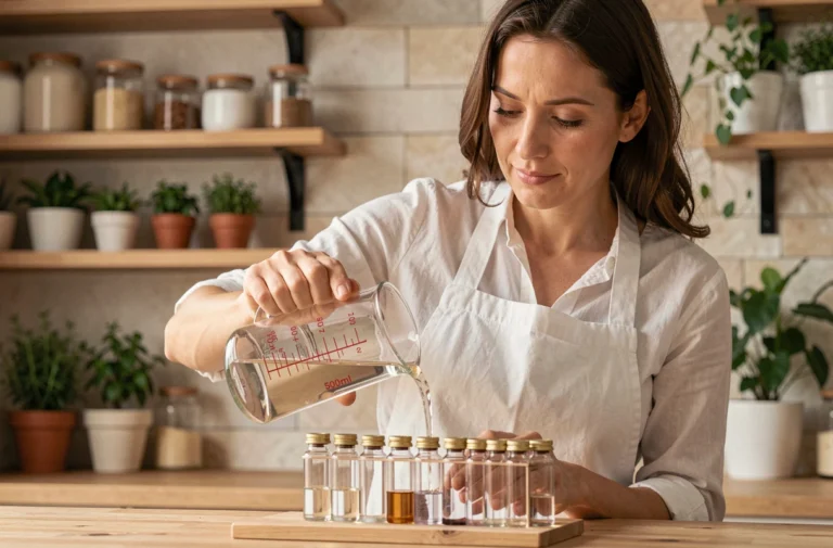 Femme mesurant 50 centilitres de liquide dans une tasse graduée en verre sur un plan de travail en bois