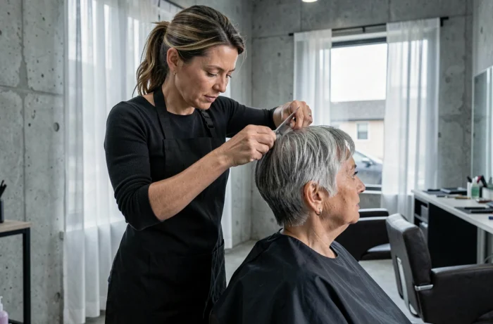 Coiffeuse professionnelle coupant les cheveux courts d'une femme âgée aux cheveux poivre et sel dans un salon moderne