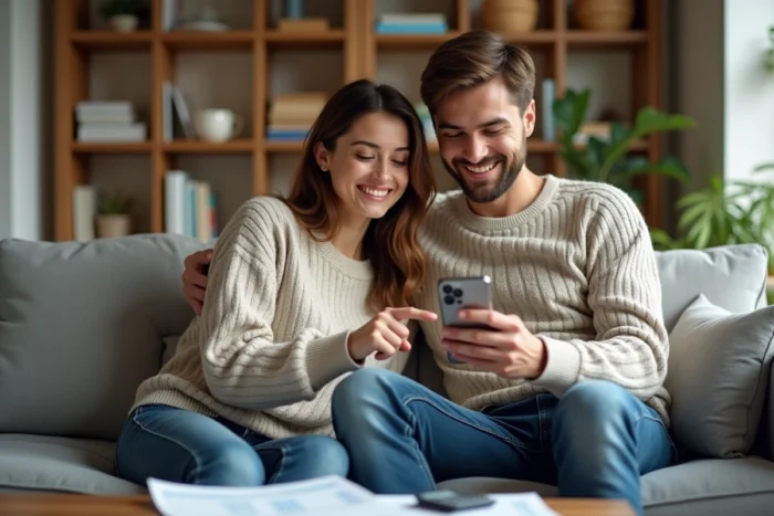 Couple comparant des offres de crédit à la consommation sur smartphone dans un salon moderne et cosy