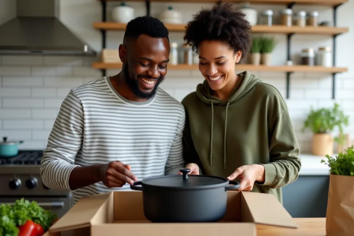 Couple déballant une cocotte en fonte dans leur cuisine moderne, consultant les instructions pour bien utiliser leur nouvel équipement culinaire