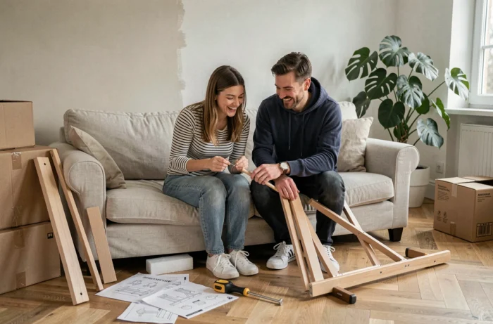 Jeune couple assemblant un lit de bébé en bois dans leur salon entouré de cartons et d'outils, ambiance préparatifs de naissance