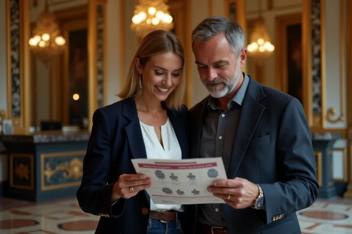Couple consultant un plan de salle dans le hall d'un théâtre parisien avant une représentation