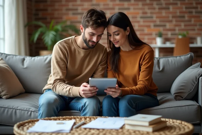 Couple planifiant leur budget commun sur une tablette dans un salon cosy et moderne