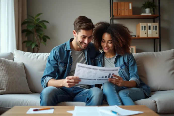 Couple planifiant ensemble leurs finances personnelles avec des documents et une tablette dans leur salon