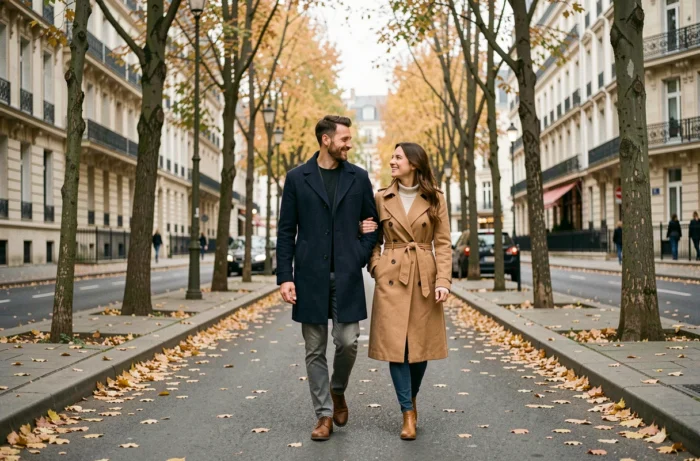 Couple se promenant bras dessus bras dessous sur un boulevard parisien en automne, illustrant la vie de couple et l'intimité partagée