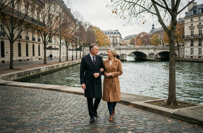 Couple élégant se promenant le long de la Seine à Paris en automne, représentant une vie privée sereine et raffinée loin des projecteurs médiatiques