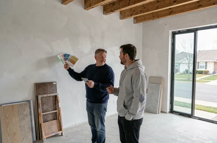 Couple choisissant des teintes de peinture dans une cuisine en cours de rénovation pour personnaliser leur intérieur