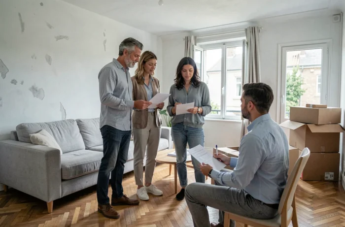 Couple discutant d'une assurance habitation avec un conseiller dans leur nouvelle maison en banlieue française