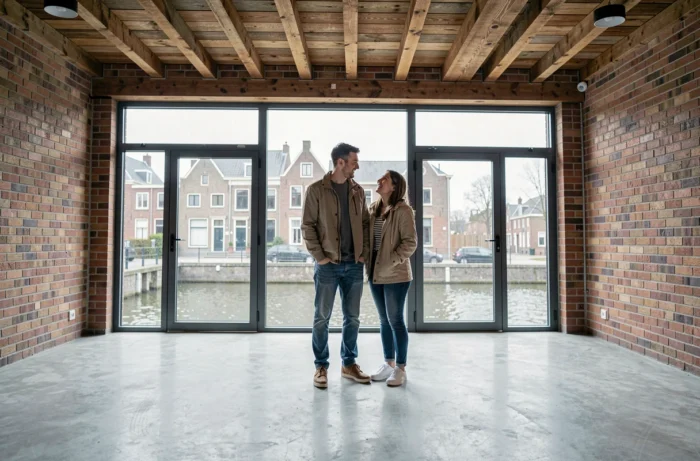 Jeune couple visitant un appartement loft rénové avec vue sur canal à Gand en Belgique