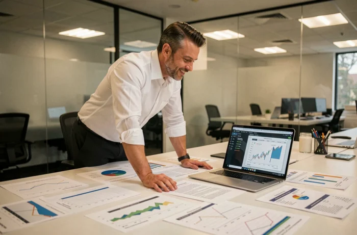 Un analyste financier examinant des documents de coûts cachés de la digitalisation avant d'établir un budget de transformation