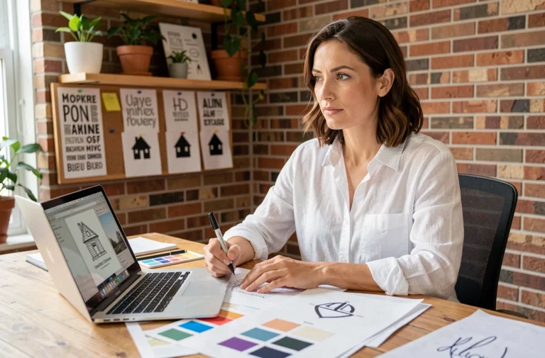 Femme créant un logo maison à son bureau avec des esquisses, des nuanciers et un ordinateur portable affichant des ébauches de logo