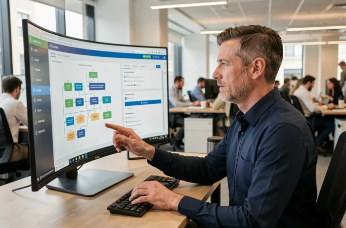 Un directeur des ventes consultant un tableau de bord CRM orienté processus client avec des pipelines de parcours client détaillés