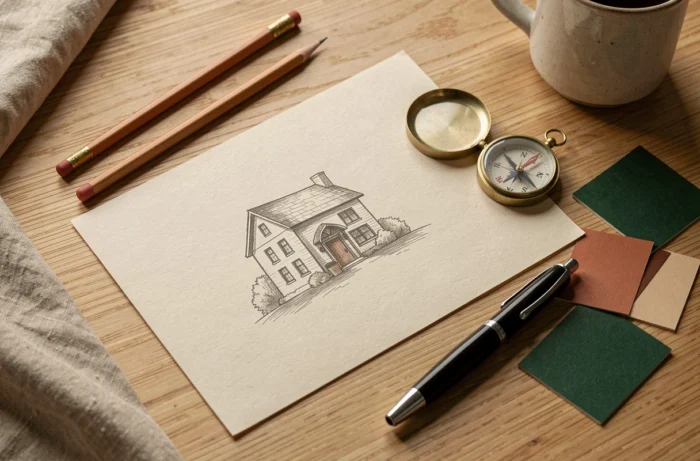 Vue de dessus d'un croquis de logo de maison entouré d'outils de design graphique artisanaux sur une table en chêne