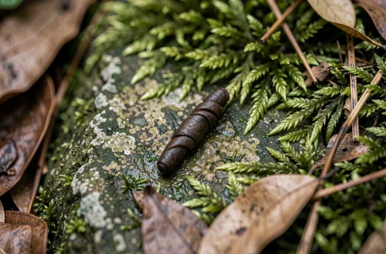 Gros plan macro sur une crotte de salamandre cylindrique posée sur une pierre recouverte de mousse en forêt humide