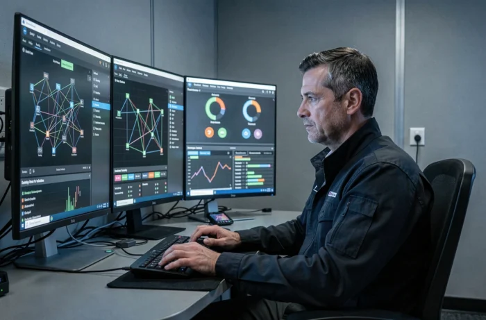 Un spécialiste en cybersécurité supervisant des tableaux de bord de sécurité réseau positionnant la cybersécurité comme prérequis digital