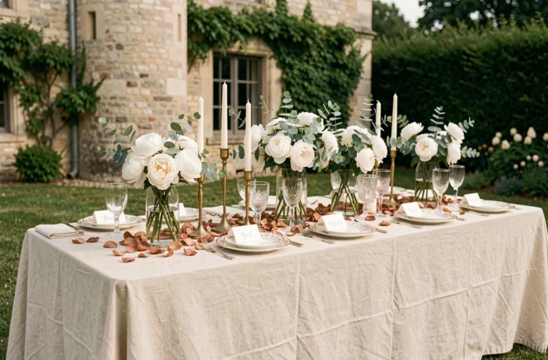 Table de mariage élégante décorée de pivoines blanches, chandeliers dorés et vaisselle vintage dans un jardin de château français