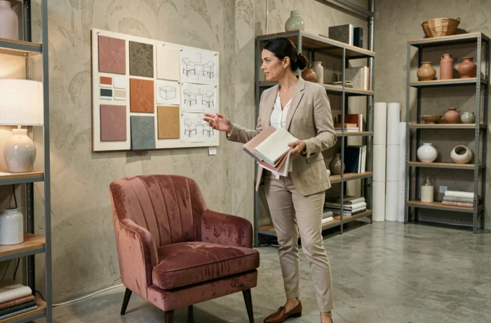 Décoratrice d'intérieur en showroom tenant des échantillons de tissu devant un fauteuil en velours