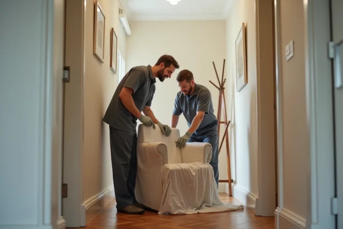 Déménageurs professionnels emballant des meubles avec soin dans le couloir d'un appartement lors d'un déménagement