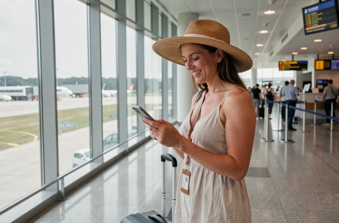 Femme préparant son départ en avion pour la Corse à l'aéroport avec ses bagages et documents de voyage