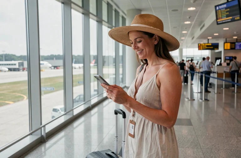 Femme préparant son départ en avion pour la Corse à l'aéroport avec ses bagages et documents de voyage