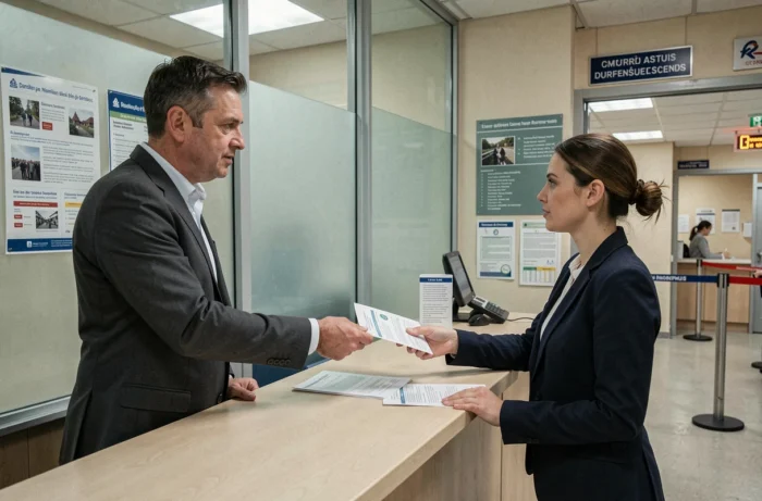 Homme déposant ses documents pour un changement de nom sur carte grise au guichet d'une préfecture