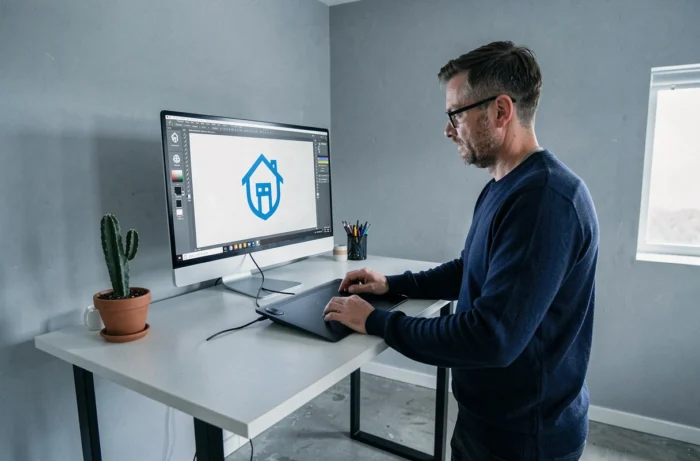 Designer masculin travaillant sur un logo de maison vectoriel sur tablette graphique dans un bureau minimaliste scandinave
