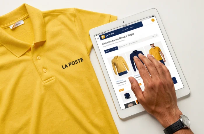 Détail d'une chemise uniforme La Poste jaune posée à côté d'une tablette affichant le catalogue de commande de vêtements professionnels