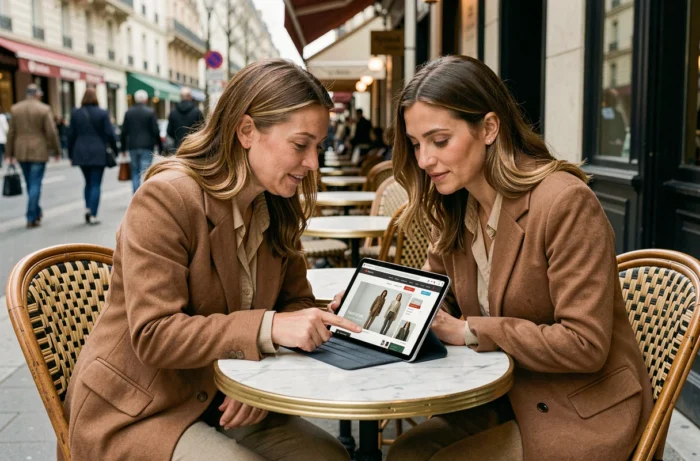 Deux femmes découvrant ensemble les informations et services du site lamodeethique.com sur une tablette en terrasse