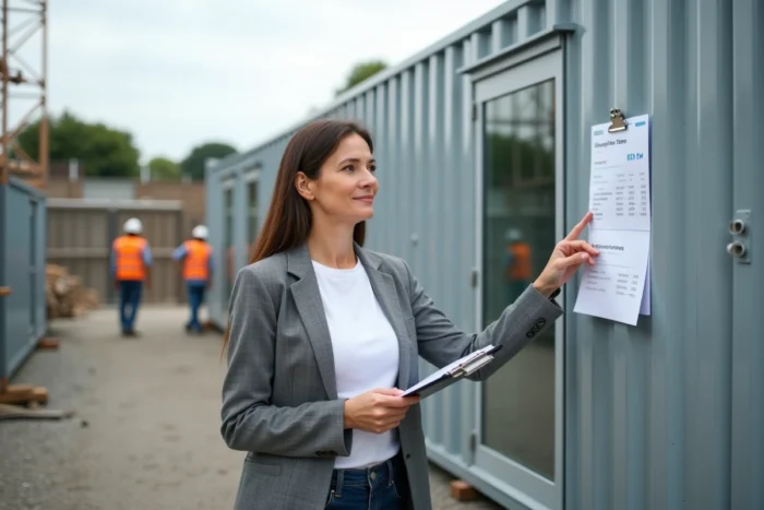 Femme examinant un devis devant un algeco aménagé installé sur un terrain de chantier