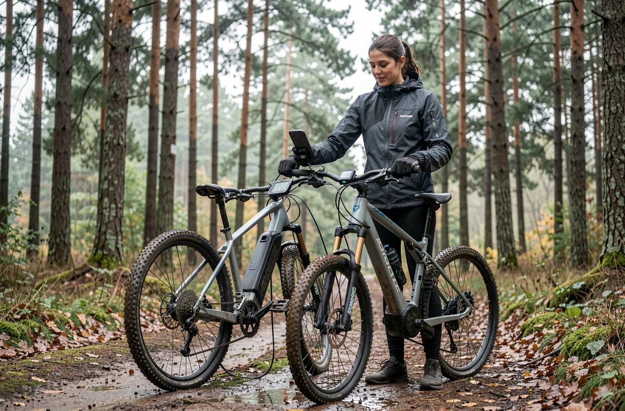 Cycliste féminine effectuant un diagnostic électronique sur un Rockrider E-ST 100 en forêt