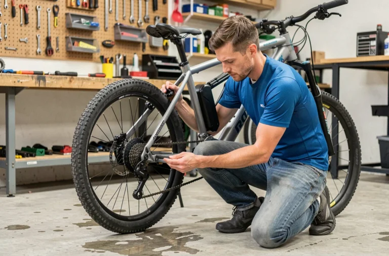 Cycliste inspectant le dérailleur arrière d'un VTT électrique Rockrider E-ST 100 dans un atelier garage