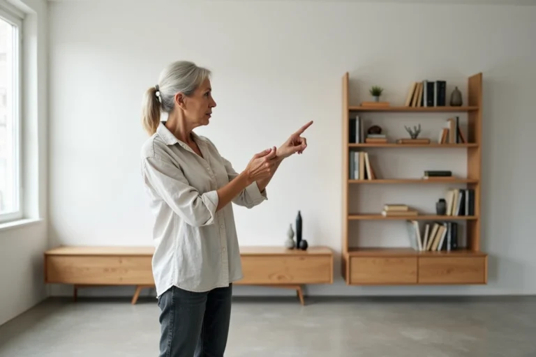 Femme expliquant la différence entre une étagère horizontale et une bibliothèque verticale dans un salon moderne