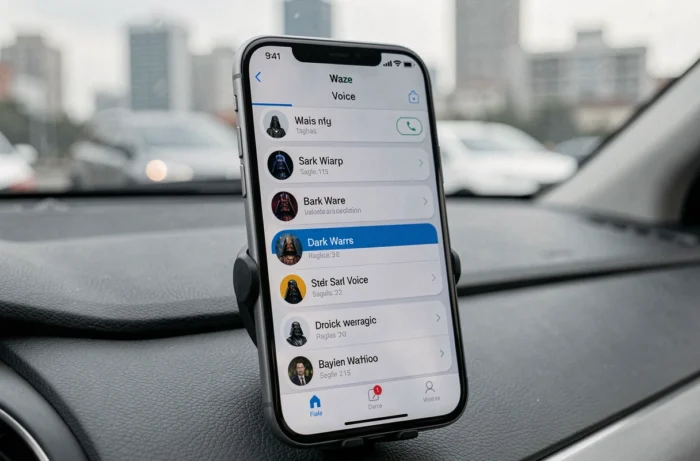 Gros plan sur l'écran de smartphone affichant le menu de sélection de voix Dark Vador dans l'application Waze