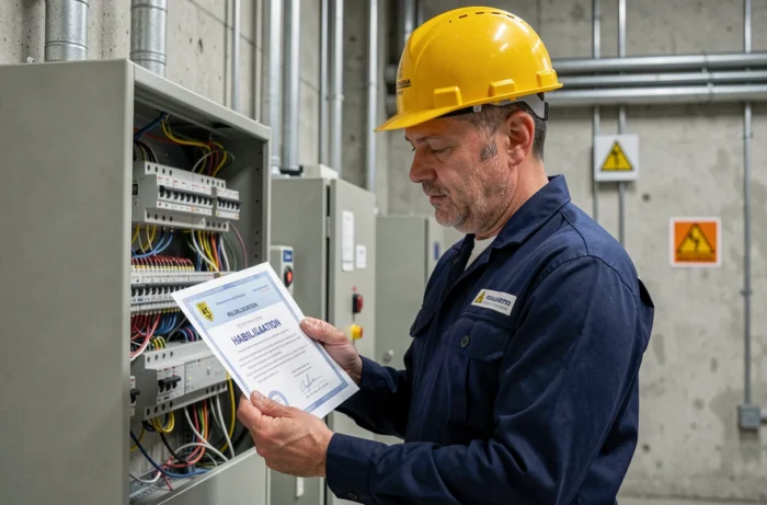 Électricien en tenue de sécurité examinant son certificat d'habilitation électrique devant un tableau électrique industriel