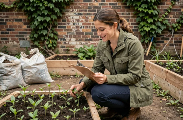 Femme travaillant dans un projet de reforestation urbaine, inspectant des plants dans une pépinière écologique en plein air