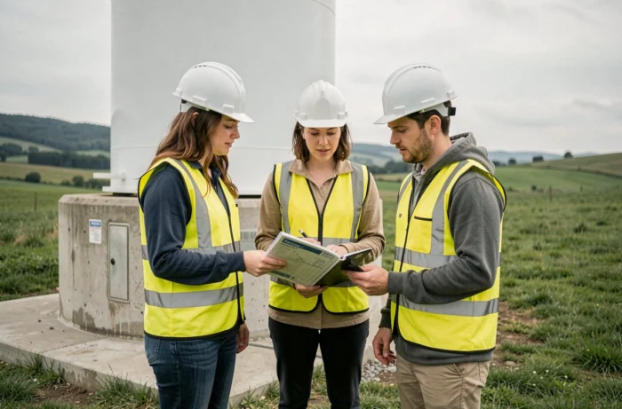 Équipe de professionnels inspectant une éolienne sur le terrain dans le cadre d'un emploi dans les énergies renouvelables