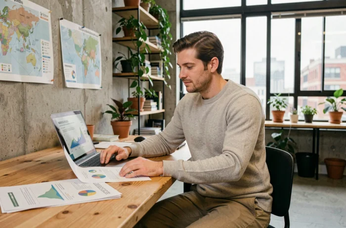 Homme travaillant sur des rapports de développement durable dans un espace de coworking dédié aux startups écologiques