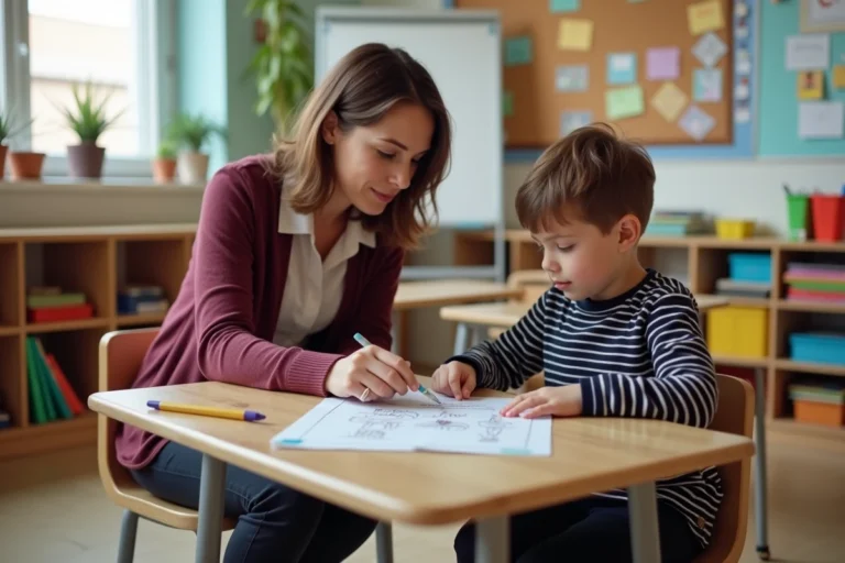 Enseignante spécialisée aidant un élève en classe ULIS dans une école primaire française