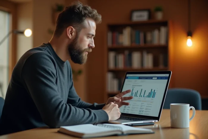 Entrepreneur utilisant un laptop et une application CRM mobile dans un espace de coworking pour optimiser sa croissance digitale
